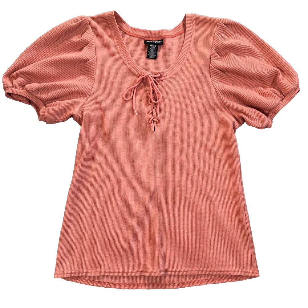 Wrangler Retro Puff Sleeve Top Women's Medium Rose Pink Waffle Knit Lace Up